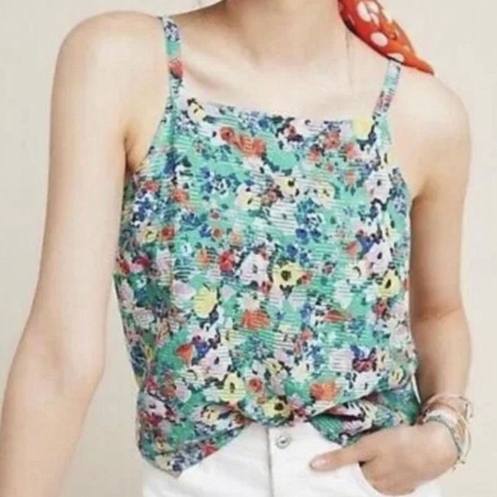 Anthropologie Maeve Green Multicolor Flower Quinn Textured Cami Top